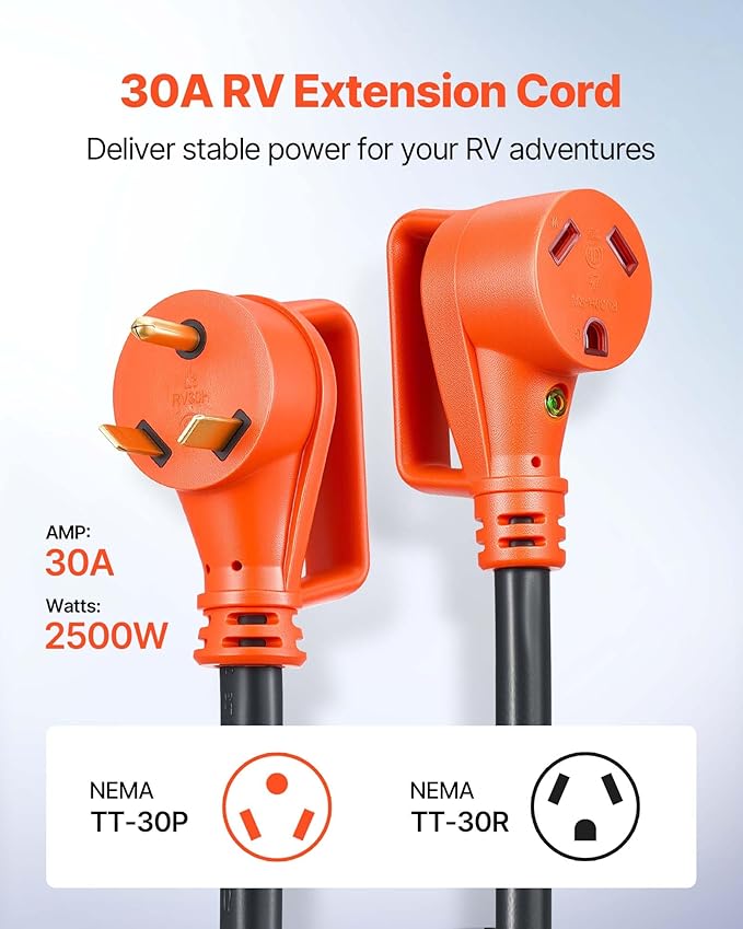 VEVOR 75 FT RV Extension Cord, 30 Amp, 125V 2500W Heavy Duty STW 10/3 Gauge Wire, NEMA TT-30P Male NEMA TT-30R Female Plug, with LED Power Indicator, Handle, 15A Adapter, for RV Trailer, ETL Listed
