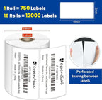 4 x 2 Inches Direct Thermal Barcode Labels, Waterproof and Oil-Proof Scratchproof, 750 Labels of Roll, Compatible with Zebra Printers (16 Roll-12000 Tags) White