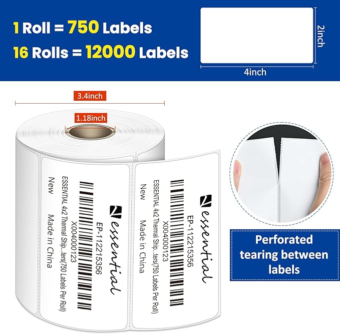 4 x 2 Inches Direct Thermal Barcode Labels, Waterproof and Oil-Proof Scratchproof, 750 Labels of Roll, Compatible with Zebra Printers (16 Roll-12000 Tags) White