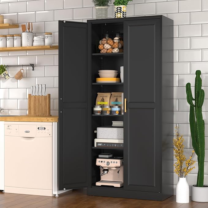 Pantry Cabinet, 71 Inch Tall Kitchen Storage Cabinet, Metal Pantry Cabinet with Doors and Adjustable Shelves, Black Food Cupboard, Freestanding Cabinet for Living&Dinning Room, Assembly Required