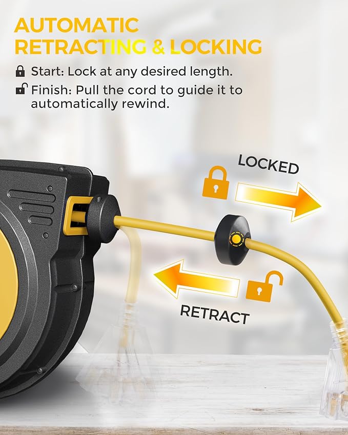 45 FT Retractable Extension Cord Reel, Heavy Duty Power Cord, 12AWG/3C SJTOW, 3 Grounded Outlets Lighted Triple Tap, Ceiling/Wall Mount,15 Amp Circuit Breaker, ETL Listed, Yellow Y45ACR06