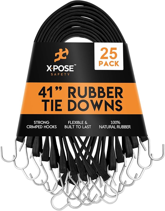 Rubber Bungee Cords with Hooks 25 Pack 41 Inch (62” Max Stretch) Heavy-Duty Black Tie Down Straps for Outdoor, Tarp Covers, Canvas Canopies, Motorcycle, and Cargo - by Xpose Safety