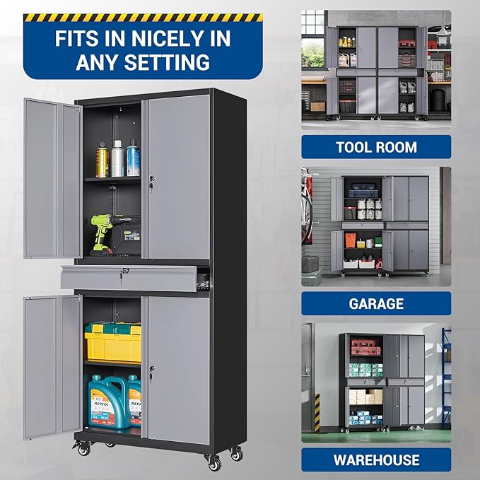 73" Metal Cabinet-Black&Gray Heavy Duty Rolling Storage Cabinet Steel Tool Cabinets with Wheels, Shelves, Lockable Doors and Drawers- for Garage, Pantry, Warehouse - Assembly Required