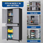 73" Metal Cabinet-Black&Gray Heavy Duty Rolling Storage Cabinet Steel Tool Cabinets with Wheels, Shelves, Lockable Doors and Drawers- for Garage, Pantry, Warehouse - Assembly Required