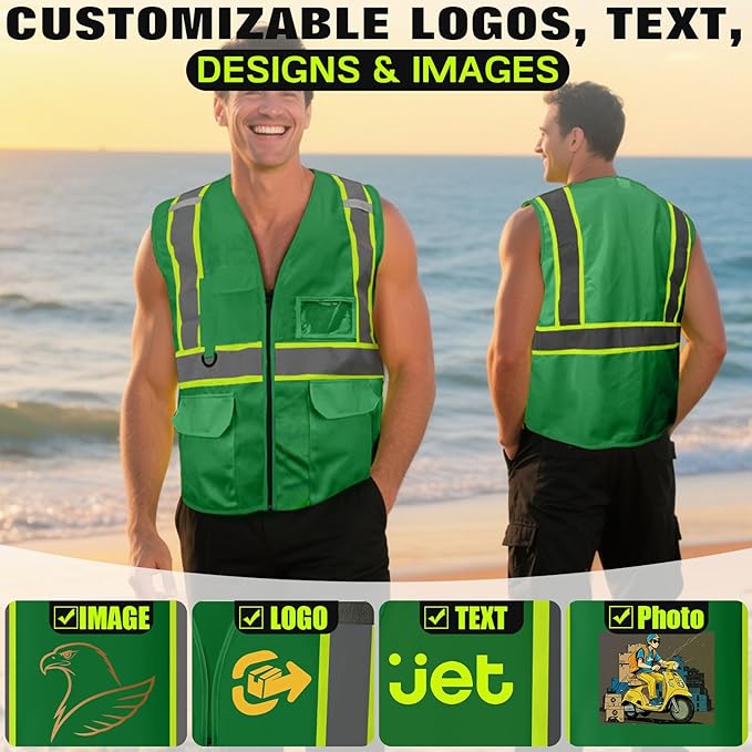 Safety Vest Customize Logo with 5 Pockets & Zipper Reflective High Visibility Vest Class 2 Outdoor Workwear