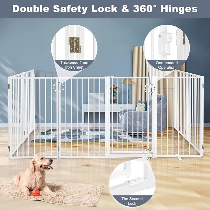 Metal Freestanding Dog Gates with Door for Outdoor Indoor,160'' Extra Wide 36'' Tall Free Standing Dog Gate for Doorways,Large Openings,Deck,Yard,Porch,Foldable Pet Fence (White,8 Panels)