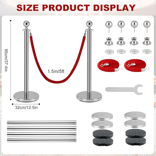 6 PCS Stainless Steel Stanchion Post,5Ft Red Velvet Rope, Hollow Base and Velvet Ropes Safety Barriers Set, Poles Crowd Control Barriers for Red Carpet Themed Decoration
