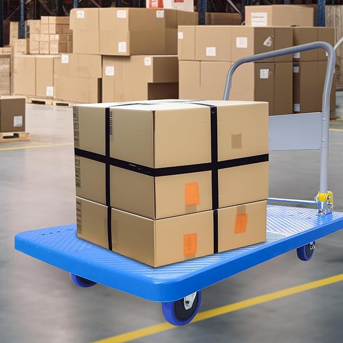 Doppy Flatbed Cart, 1320lbs Heavy Duty Capacity Platform Hand Truck 360 Degree Swivel Wheels Foldable Push Hand Cart for Loading and Storage, Warehouse (Blue)