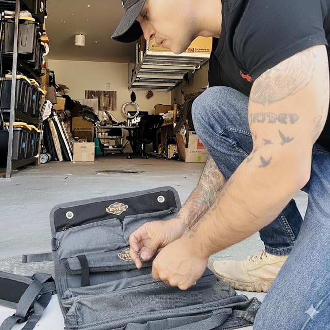 The Ryker Bag Customized Black Pro Tool Roll - Heavy-Duty Canvas Roll-Up Tool Organizer w/detachable pouches for Bolts, Sockets & Small Power Tools for Electricians, Plumbers, HVAC Techs & DIY
