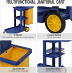 TUFFIOM Commercial Traditional Cleaning 3-Shelf Janitorial Cart, 500 Lbs Capacity Housekeeping Cart, Wheeled with Yellow VinylBag and Cover w Lid, Blue