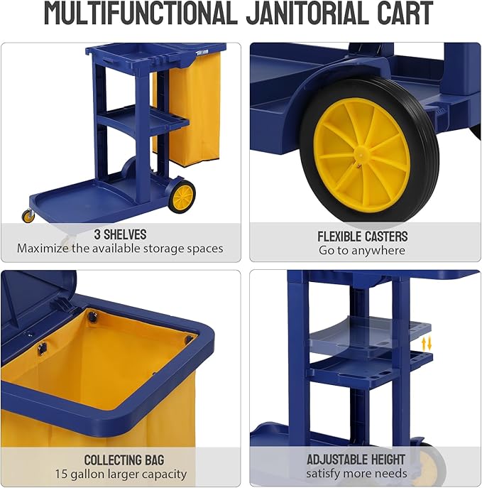 TUFFIOM Commercial Traditional Cleaning 3-Shelf Janitorial Cart, 500 Lbs Capacity Housekeeping Cart, Wheeled with Yellow VinylBag and Cover w Lid, Blue,