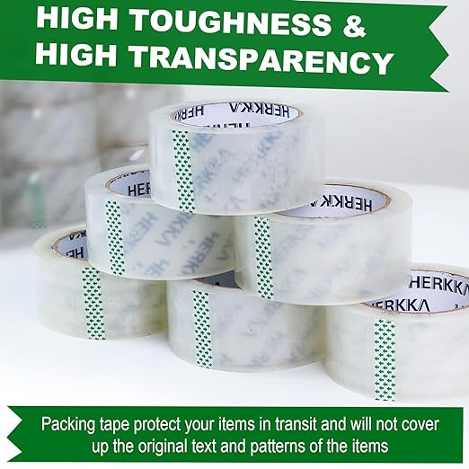 HERKKA Clear Packing Tape, 12 Rolls Heavy Duty Packaging Tape for Shipping Packaging Moving Sealing, 3Mil Thick Clear Packing Tape, 2 inches Wide, 65 Yards Per Roll, 780 Total Yards