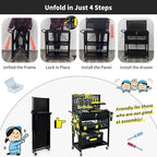 Lumizone Folding Tool Cart with Drawer and Pegboard Hooks Rolling Utility Service Cart on Wheels for Garage Organizer Foldable Power Tool Storage Heavy Duty Steel (Tool Cart with Drawer+Hooks)