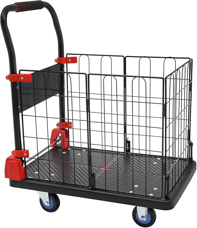 Foldable Hand Truck, 330LBS Dolly Folding Push Cart with Removable Cage, 4-Inch TPR Wheels Convertible Cart Dolly for Moving, Heavy Duty Folding Platform Truck with Mesh Panel