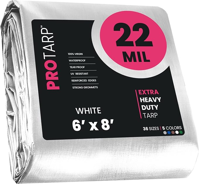 PROTARP Extreme Heavy Duty 22 Mil Tarp Cover, Waterproof, UV Resistant, Rip and Tear Proof, Poly Tarpaulin with Reinforced Edges for Roof, Camping, Patio, Pool, Boat. (White 6′ X 8′)