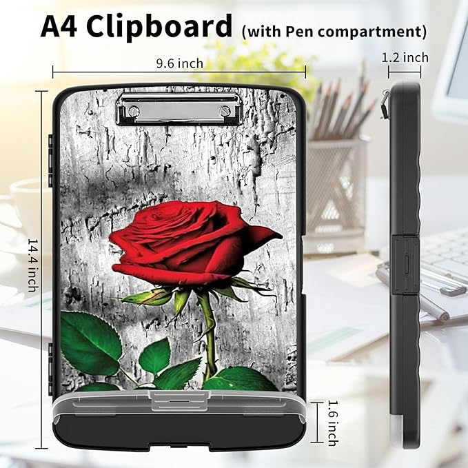 Clipboard with Storage High Capacity Plastic Nursing Clipboards with Pen Holder File Folder Storage Box Clipboard with Heavy Duty Clips for Teacher,Doctor,Offices-Elegant Red Rose