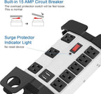 Heavy Duty Power Strip with USB, Workshop 8 Outlet Surge Protector 2700 Joules, Grey Industrial Metal 15Amp Power Strip, 12 FT Extension Cord and Wide Spaced.