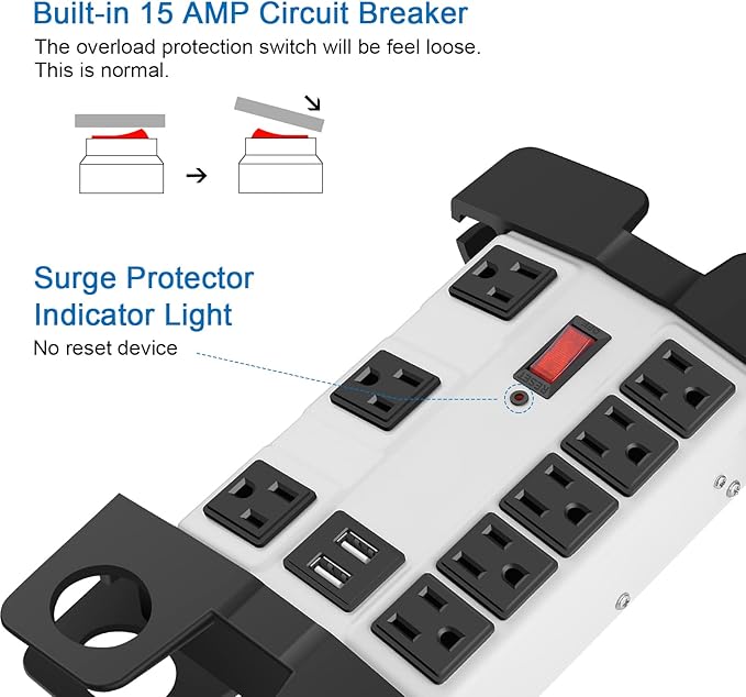 Heavy Duty Power Strip with USB, Workshop 8 Outlet Surge Protector 2700 Joules, Grey Industrial Metal 15Amp Power Strip, 15FT Extension Cord and Wide Spaced.