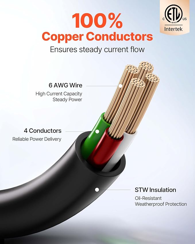 VEVOR 100 FT RV Extension Cord, 50 Amp, 125V 7500W Heavy Duty STW 6/3 + 8/1 Gauge Wire, NEMA 14-50P Male NEMA 14-50R Female Plug, with LED Indicator, Handle, 15A Adapter, for RV Trailer, ETL Listed