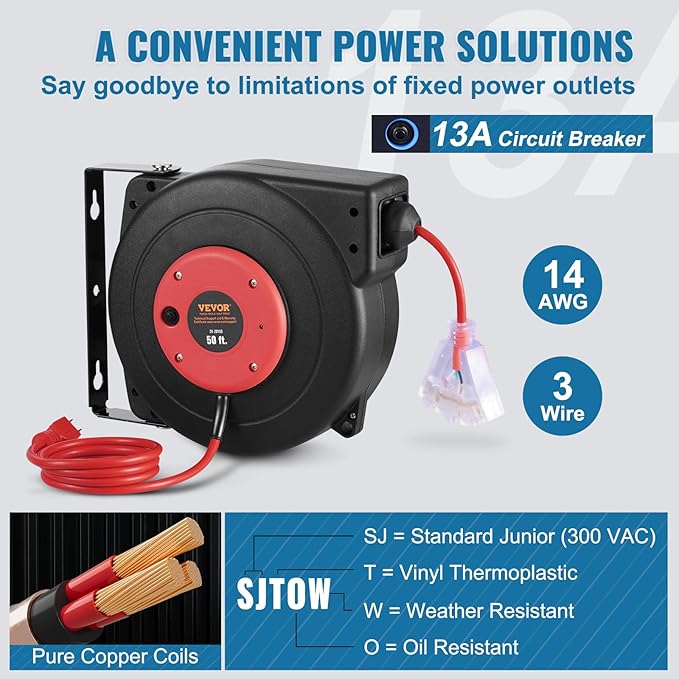VEVOR Retractable Extension Cord Reel, 50 FT, Heavy Duty 14AWG/3C SJTOW Extension Power Cord with Lighted Triple Tap Outlet, 13A Circuit Breaker 180° Swivel Bracket for Ceiling or Wall Mount, Red