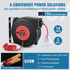 VEVOR Retractable Extension Cord Reel, 50 FT, Heavy Duty 14AWG/3C SJTOW Extension Power Cord with Lighted Triple Tap Outlet, 13A Circuit Breaker 180° Swivel Bracket for Ceiling or Wall Mount, Red