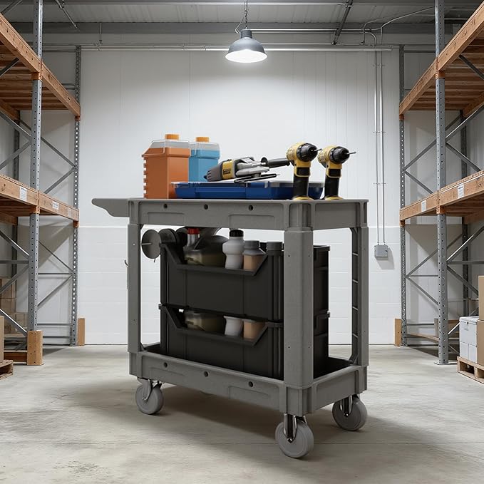 2-Tier Rolling Tool Cart,Heavy-Duty Plastic Service Cart with Lipped Shelves,550 lbs Capacity Utility Cart,40 x 17 Inch Rolling Work Carts for Garage,Salon,Kitchen,Office-Gray