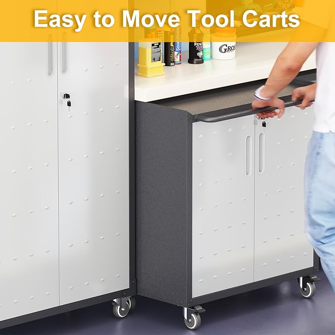 Metal Storage Cabinet with Wheels, Lockable Rolling Tool Chest with Adjustable Shelf & Handle & 2-Doors, Mobile Steel Locker for Garage, Home, Office, School, Assembly Required, Black&Grey