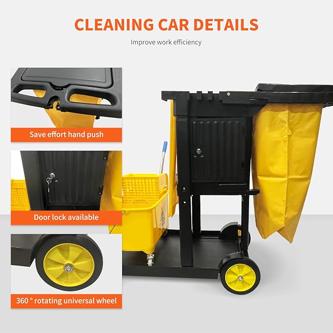 Commercial Janitorial Cart with Key-Locking Cabinet | 500 Lbs Capacity 48" D x 19" W x 39" H Cleaning Carts on Wheels | Janitorial Supplies Housekeeping Cart for Business School Office