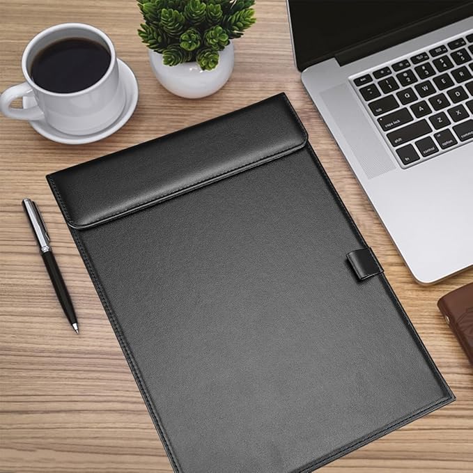 KINGFOM PU Leather Hardboard Office Clipboard, Magnetic Clip A4 Letter Size Clip Boards with Pen Holder for Nurses, Students, Teacher Black 4 Pack