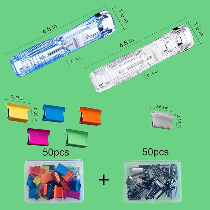 Reusable Portable Paper Clam Clip Dispenser Refill Clips, 40 Sheet Capacity-2Pcs Clam Clip Dispenser 100 Metal Refill Clips (50 Silver + 50 Color) for Home School Desk Office (Crystal Blue)