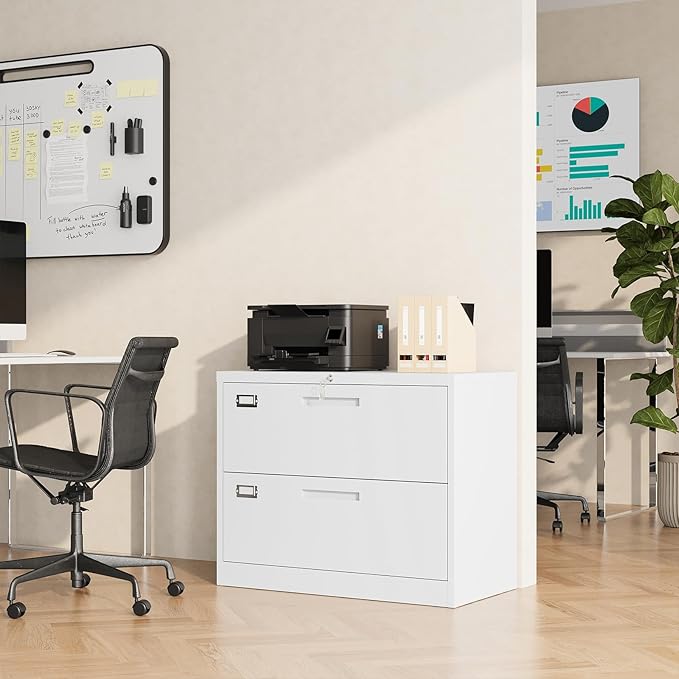 Lateral File Cabinet, Metal Filing Cabinet with Lock, 2 Drawer File Cabinets for Home Office, Office Cabinet for Hanging Files Letter/Legal/F4/A4, Assembly Required, White
