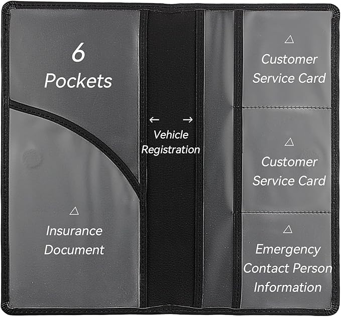 Car Registration and Insurance Holder, Premium Pu Leather Vehicle Glove Box Organizer - for Driver License, Cards & Essential Documents (L-Black)