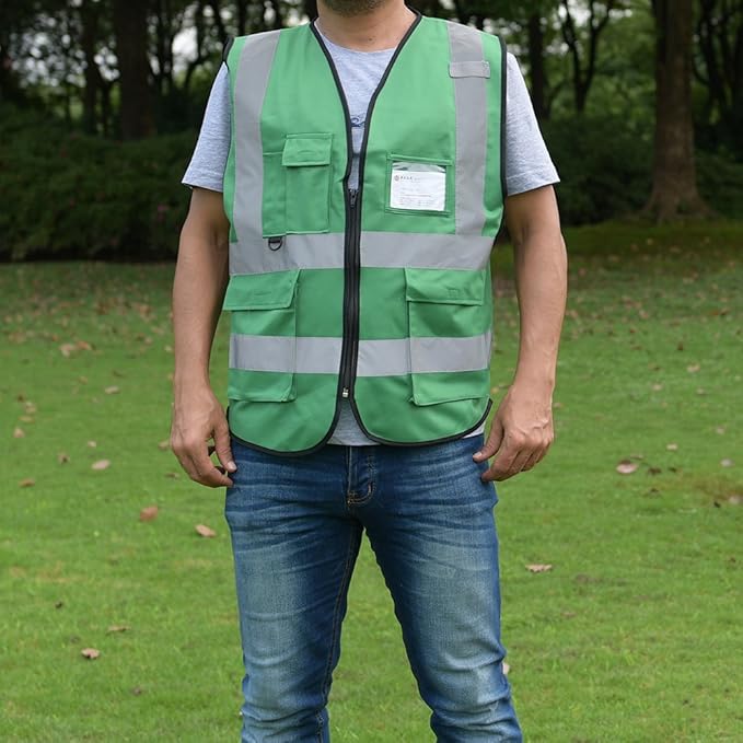 zojo High Visibility Safety Vests With Pockets, Wholesale Reflective Vest for Outdoor Works, Cycling, Jogging, Walking,Sports - Fits for Men and Women Pack of 10 (10, XXXL-Green)