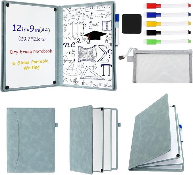 6 Sides Whiteboard Notebook Portable Whiteboard Dry Erase Notebook Portable Dry Erase Board Double Sided Folding Whiteboards White Board for Office Study Meeting(Haze Blue,A4: 9"×12”)