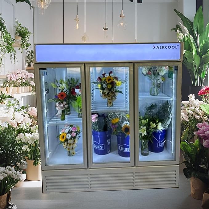 Commercial Flower Refrigerator Floral Display Cooler,White 3 Glass Doors Floral Fridge With LED Light Adjustable Shelves,ETL Sanitation,71" Wide,63.5 Cuft, Wheels Included