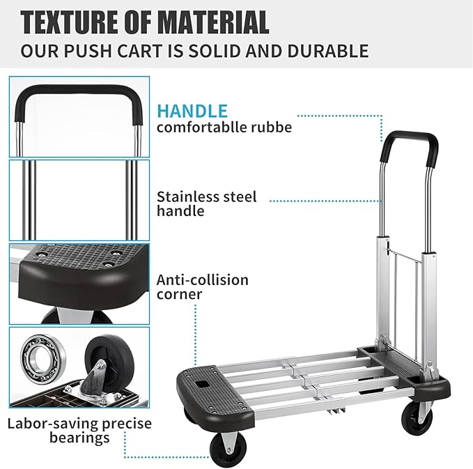 Foldable Platform Cart 29" x 17" x 35" Aluminum Platform Truck 330lbs Capacity Folding Push Cart Adjustable Heavy Duty Platform Cart Dolly for Car House Office Luggage Moving