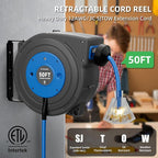 50 FT Retractable Extension Cord Reel, Heavy Duty 12AWG/3C SJTOW Power Cord, Lighted Triple Tap, 15A Circuit Breaker, Wall/Ceiling Mount Electric Cord Reel for Garage & Workshop, ETL Listed, Blue