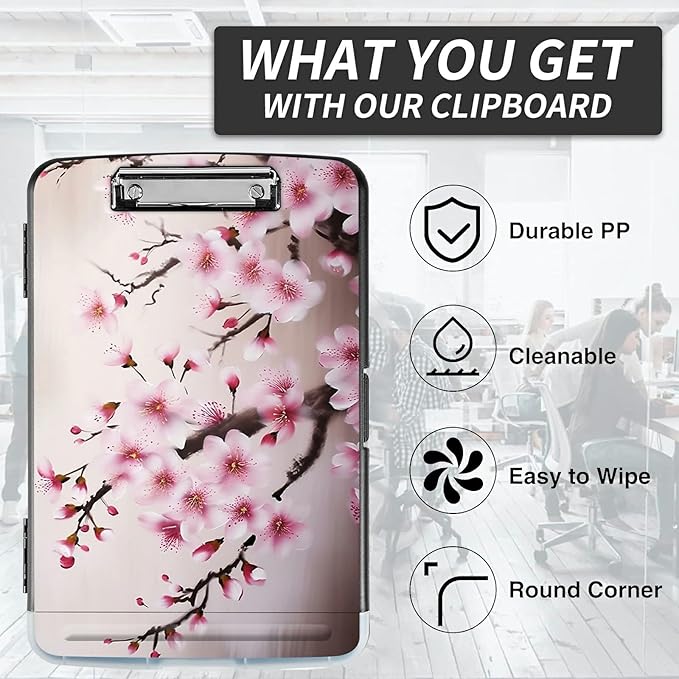 File Clipboard Storage with Pen Holder High Capacity Plastic Nursing Clipboards File Folder Storage Box Clipboard with Heavy Duty Clips for Teacher,Doctor,Offices-Cherry Blossom