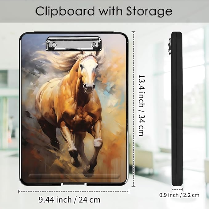 Clipboard with Storage,Office Supplies Nursing Clipboards Folder with Pen Holder Plastic Foldable Clip Board with Storage for Nurse Teacher,Galloping Horse