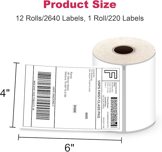 4x6 Direct Thermal Shipping Labels, 2640 Labels/12 Rolls, Compatible with Dymo 4XL 1744907, 1755120, Smudge-Resistant and Permanent Adhesive Direct Thermal Labels, BPA Free