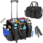 Rolling Cleaning Caddy Bag with Detachable Trolley, Cleaning Supplies Organizer Cart on Wheels, Cleaning Supply Caddy for Housekeepers, Large Professional Detailing Bag Tote for Home, Car (Black)