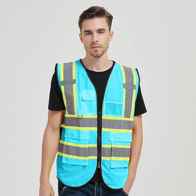 Safety Vest Reflective High Visibility with 5 Pockets ＆Zipper Class 2 Adult Unisex Construction Security Workwear
