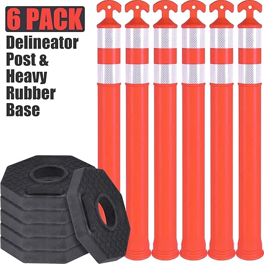 Traffic Delineator Post Cones with Heavy-Duty Octagonal Rubber Base, Channelizer Post Kit for Road Construction Work, Traffic Guidance, Garage Parking, Crowd Control (6, 42")