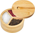 3-Compartment Wooden Salt and Pepper Box, Spice Condiment Holder with Spoon and Adsorptive Lid, 4.7 Inch Kitchen Storage for Seasonings