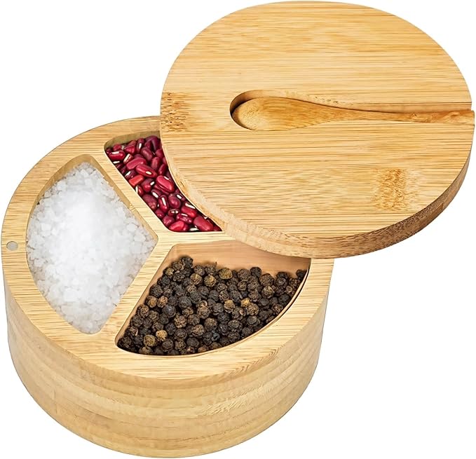 3-Compartment Wooden Salt and Pepper Box, Spice Condiment Holder with Spoon and Adsorptive Lid, 4.7 Inch Kitchen Storage for Seasonings