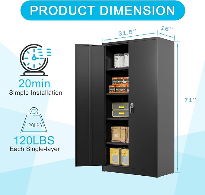 Black Iron Metal Lockable Storage Cabinet - Durable Home Office Garage Organizer for TV & Slim Storage - Secure Sideboard Locking Filing Pantry Tall Bathroom Floor Storage Cabinet with Lock