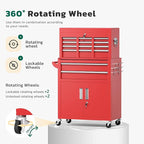 Greenvelly 8-Drawer Rolling Tool Chest, Metal Tool Chest with Wheels, Tool Cabinet with Detachable Top Tool Box, Metal Tool Cart with Liner & Hooks for Garage, Workshop, Warehouse (Red)