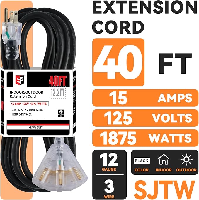 EP 40 Ft 12 Gauge Heavy Duty Extension Cord, 15A 125V 1875W, 3 Outlet Indoor/Outdoor Power Cord with Lighted End, 12/3 SJTW Weatherproof Black, UL Listed