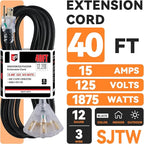 EP 40 Ft 12 Gauge Heavy Duty Extension Cord, 15A 125V 1875W, 3 Outlet Indoor/Outdoor Power Cord with Lighted End, 12/3 SJTW Weatherproof Black, UL Listed
