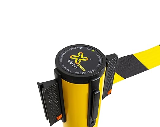 Xpress Safety Stanchion– 11’ Premium Polyester Belt, Universal 4-Way Connection, Rubber Base, Handle, 40” Height, 21 lbs – (Outdoor Yellow Post, Rubber Base, 11’ Chevron Yellow/Black